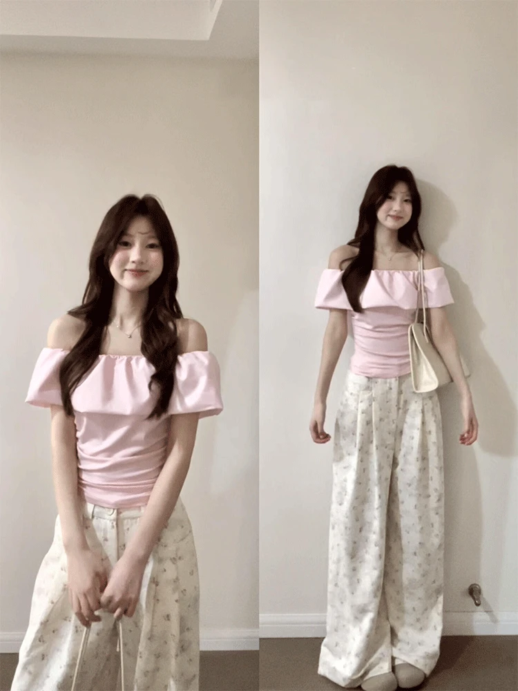 韩系粉色温柔风一字肩短袖t恤女夏季纯欲风独特漂亮掐腰修身上衣