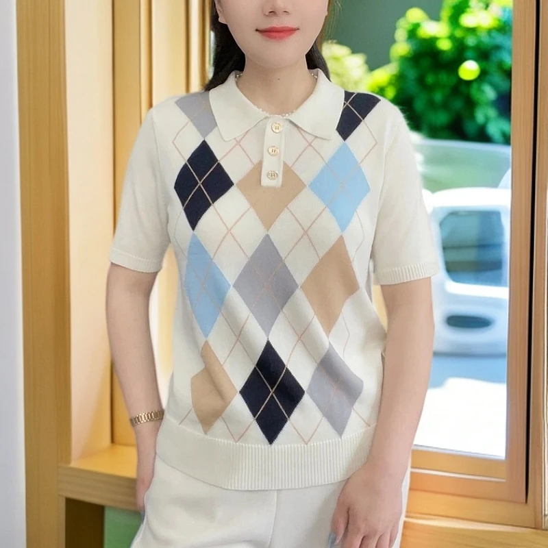 【桑蚕丝+兰精天丝】凉快的时尚菱形格气质显瘦柔软亲肤针织衫