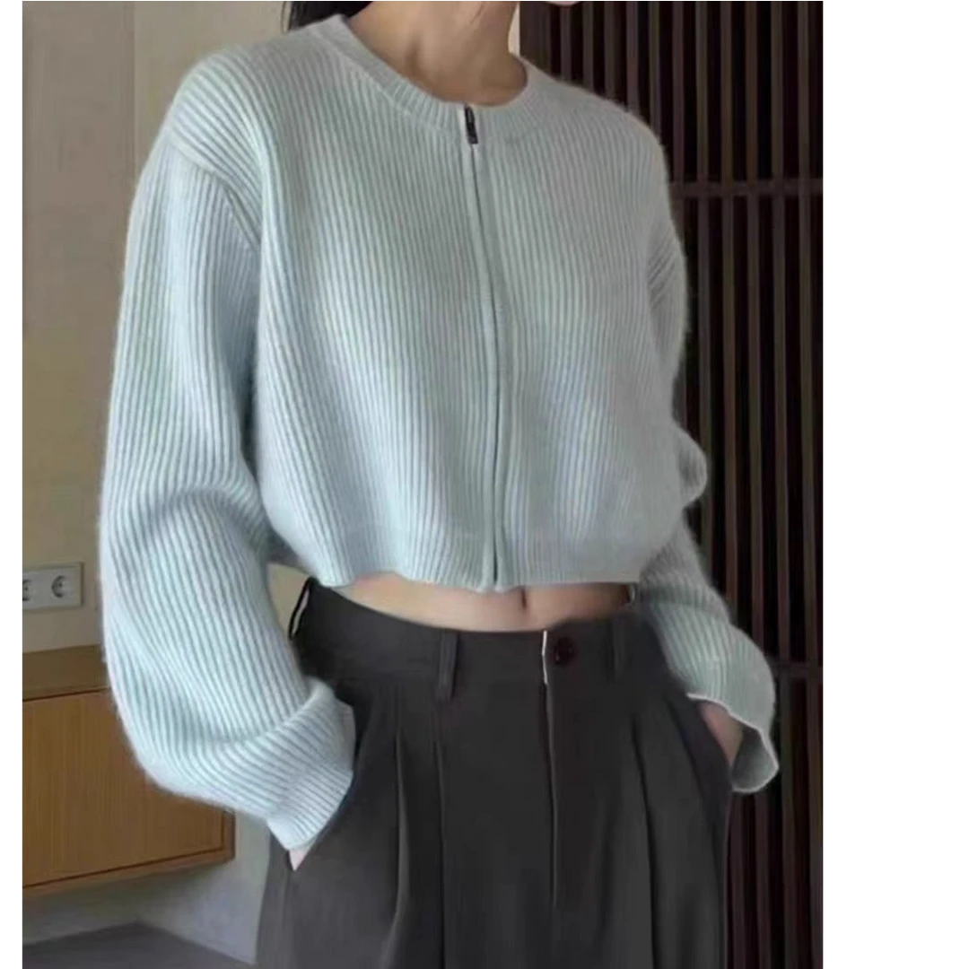 爆款奶油羊毛短款开衫时尚拉链百搭显瘦短款毛衣韩版气质针织外套