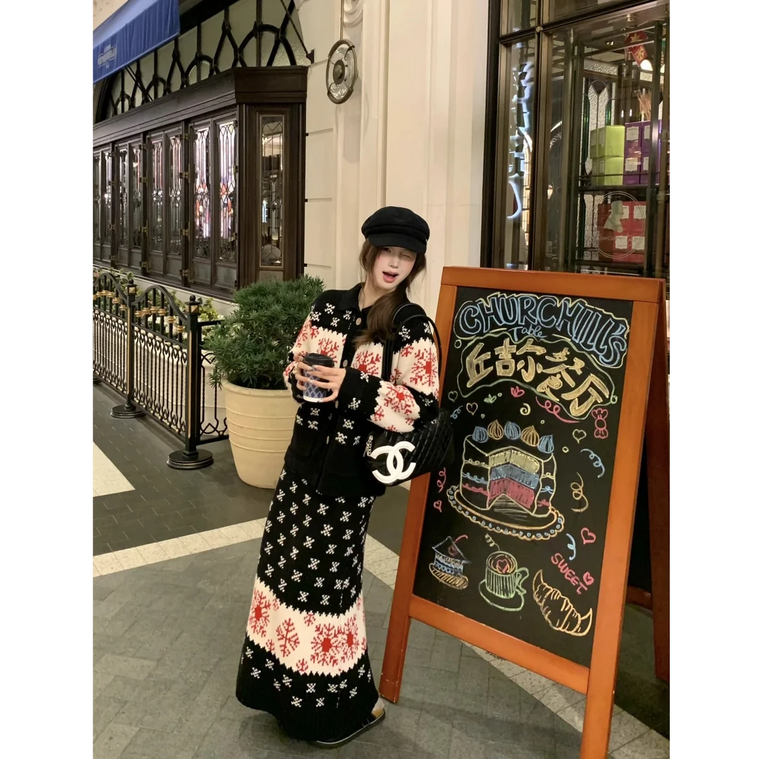 【费尔岛雪夜】韩系慵懒风雪花撞色针织开衫外套上衣女高腰半身长裙