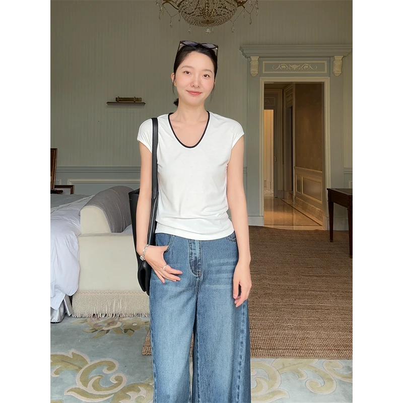 郭九九呢 天丝棉九分阔腿裤简约气质撞色宽松显瘦短袖 G925Z05527