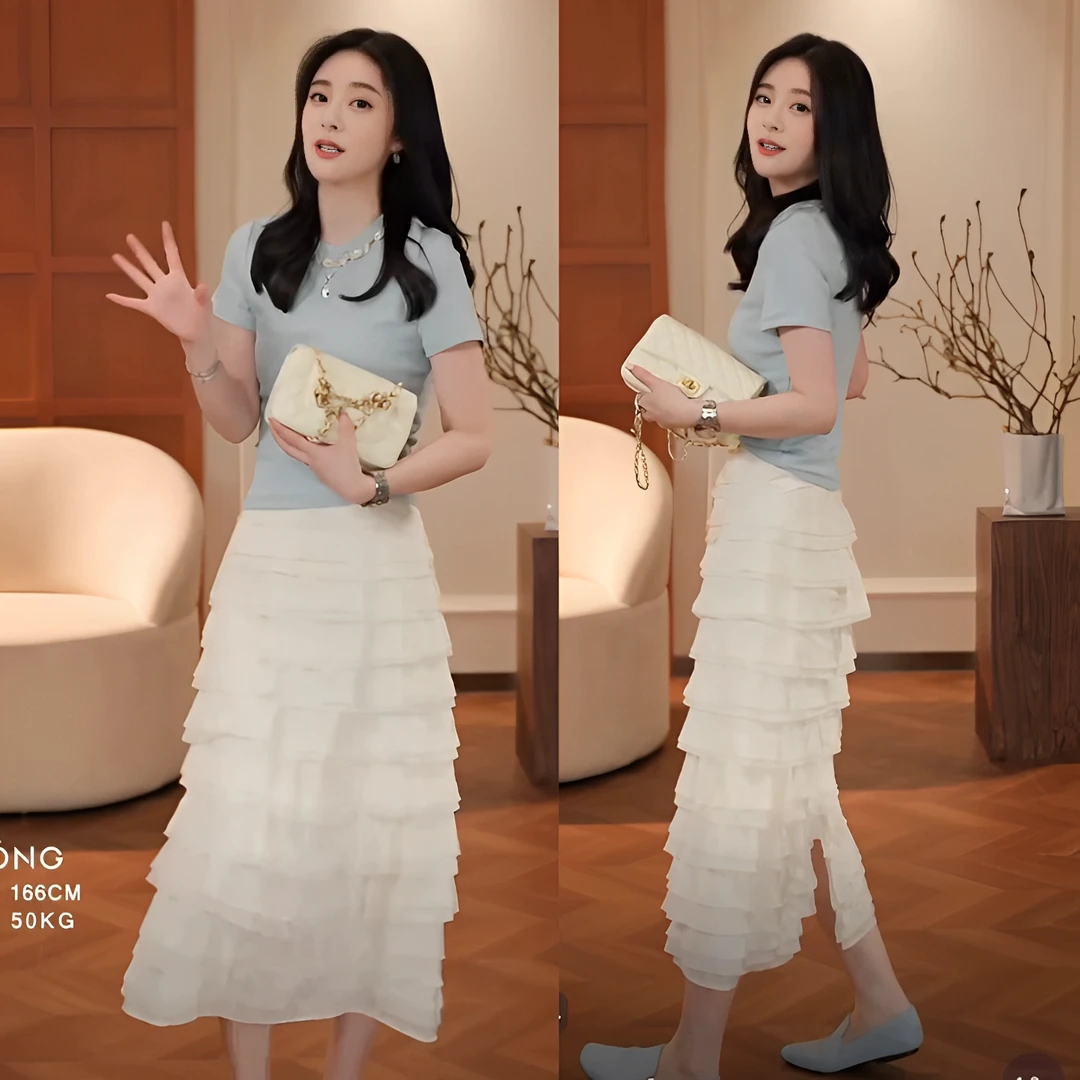 夏季新款时尚高级感穿搭一整套独特绝美上衣搭配蛋糕半身裙两件套