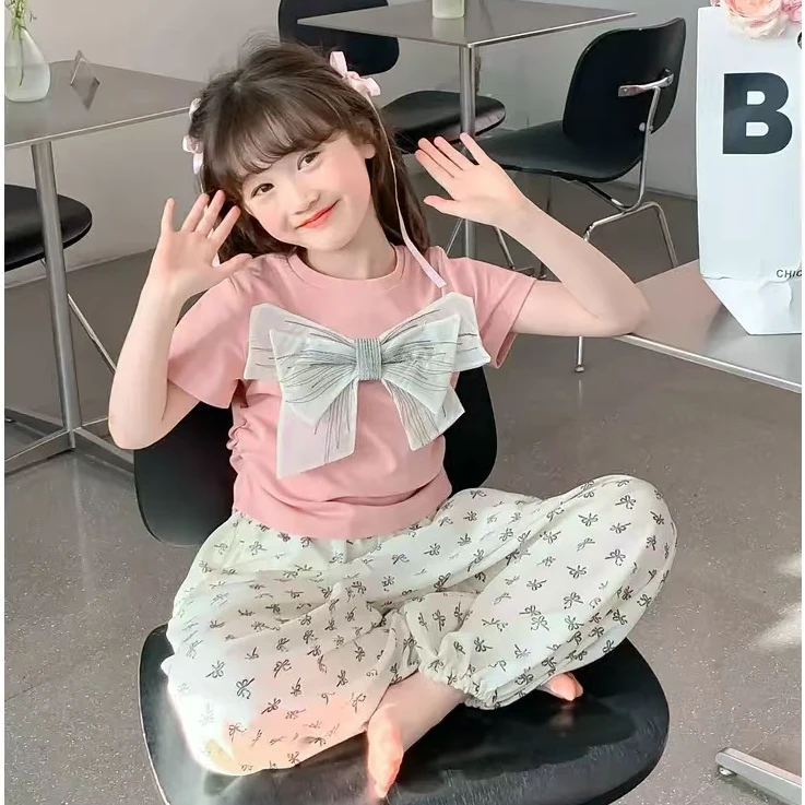 女童t恤甜美蝴蝶结女宝夏季洋气夏款时尚女孩中大童休闲短袖套装