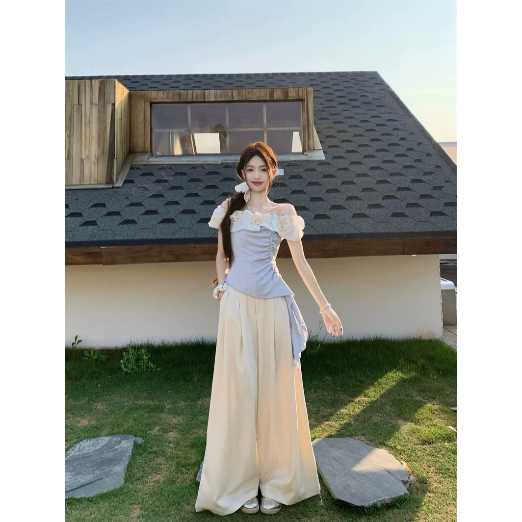 法式立体花朵一字肩上衣女2025夏季新款阔腿休闲裤温柔气质两件套