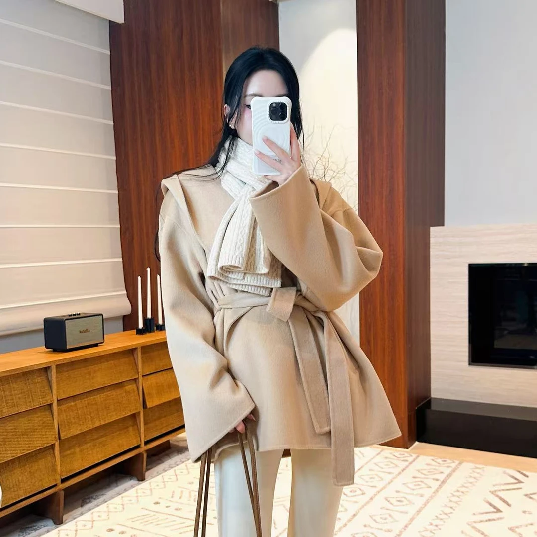菠萝宝宝yuna【风姿绰约】羊绒羊毛连帽大翻领双面呢收腰大衣YK8