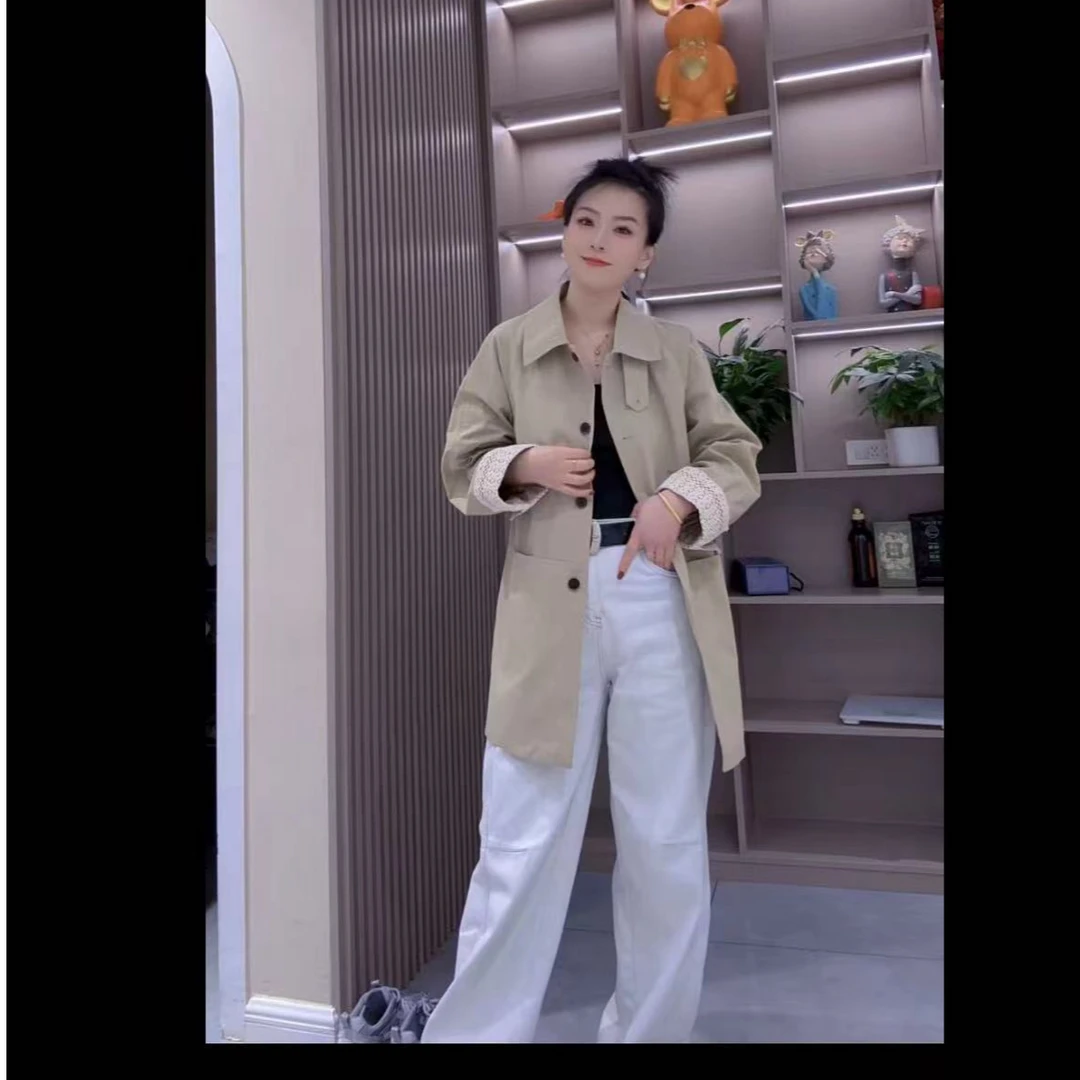 翻边蕾丝袖中长风衣