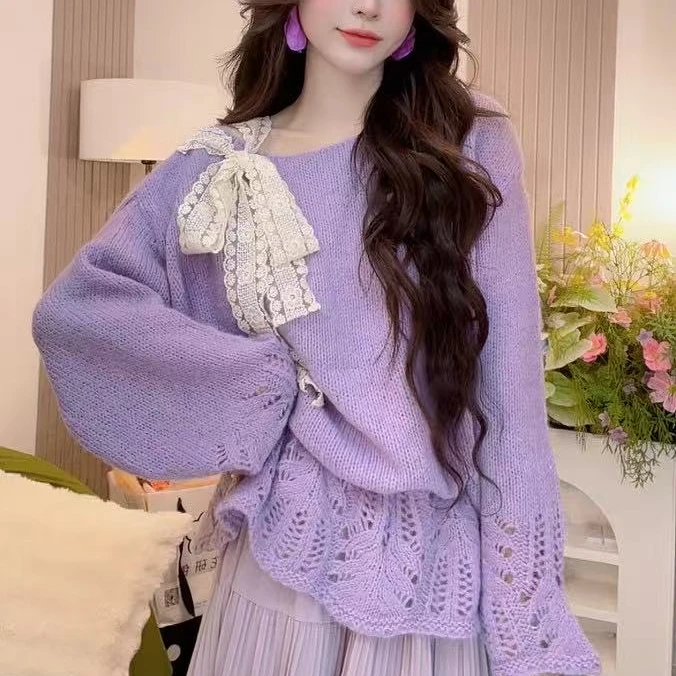 秋季新款镂空针织上衣拼接蕾丝温柔宽松百搭网红甜美韩版设计感