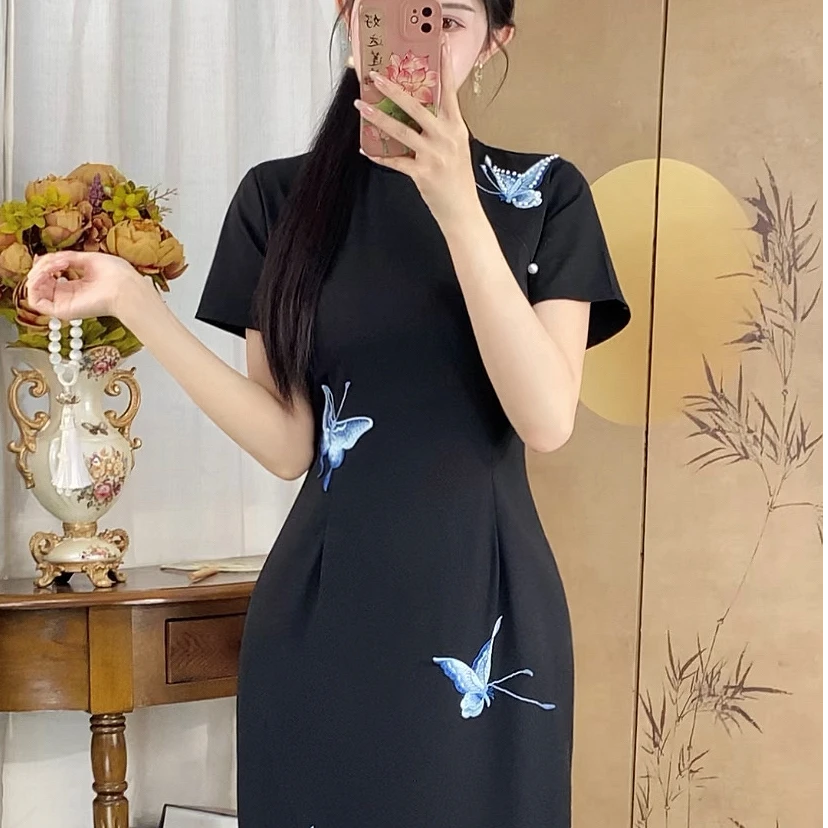 芳姐自制 蓝蝶短袖 港工复古新中式旗袍 修身显瘦中国风旗袍