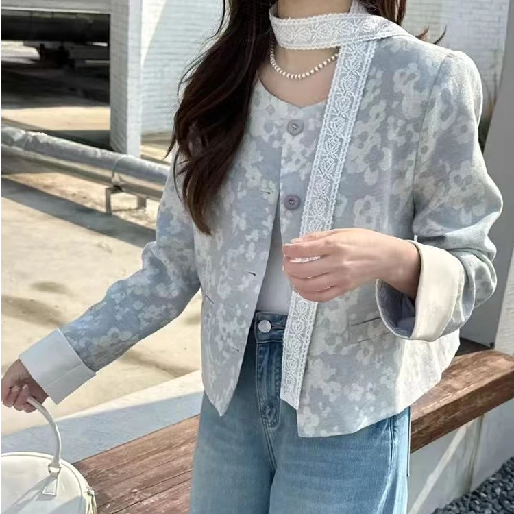 Q3131【特价-占单者限购】浅灰色复古花外套蕾丝法式慵懒风尚M2570