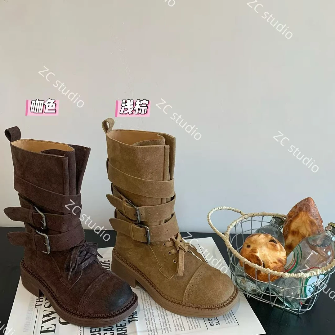 磨砂皮一脚蹬工装风皮带扣马丁靴个性皮靴中筒