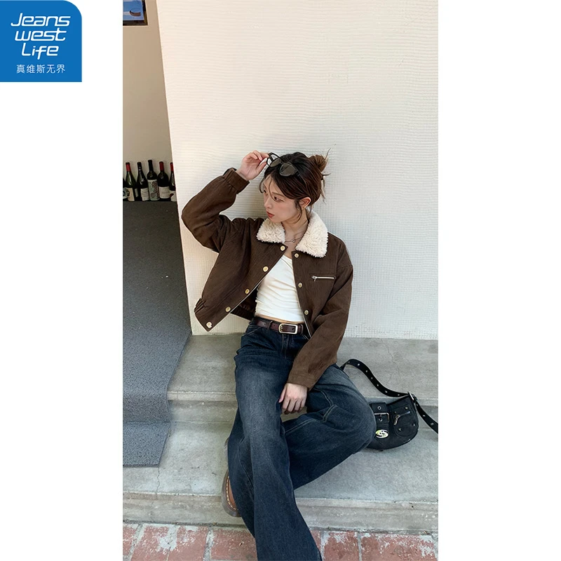 真维斯无界女翻领夹棉夹克冬季慵懒简约保暖大气时髦通勤上衣S