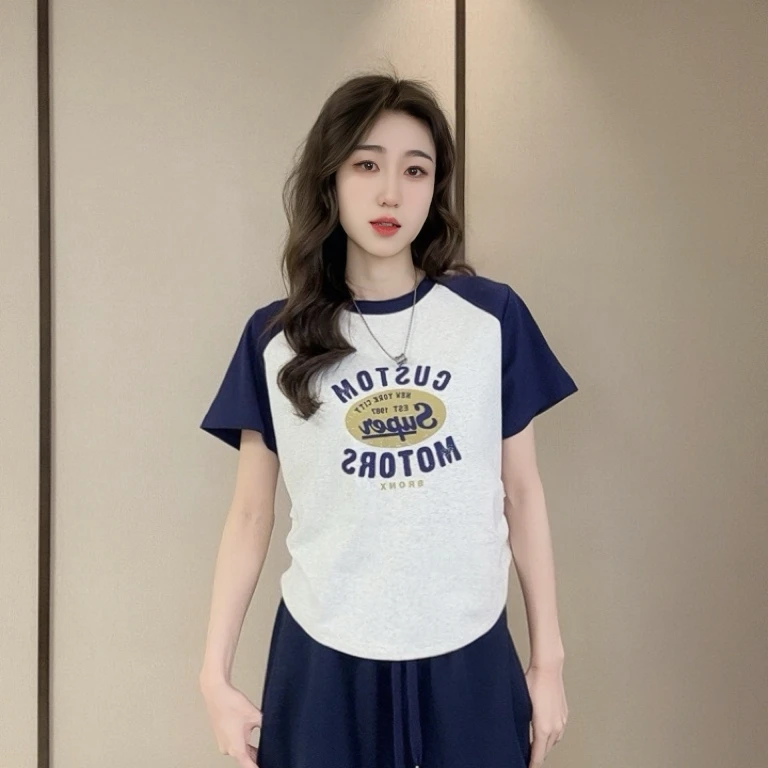 插肩字母短袖T恤时尚夏季宽松印花撞色设计感拼接百搭拼色显瘦