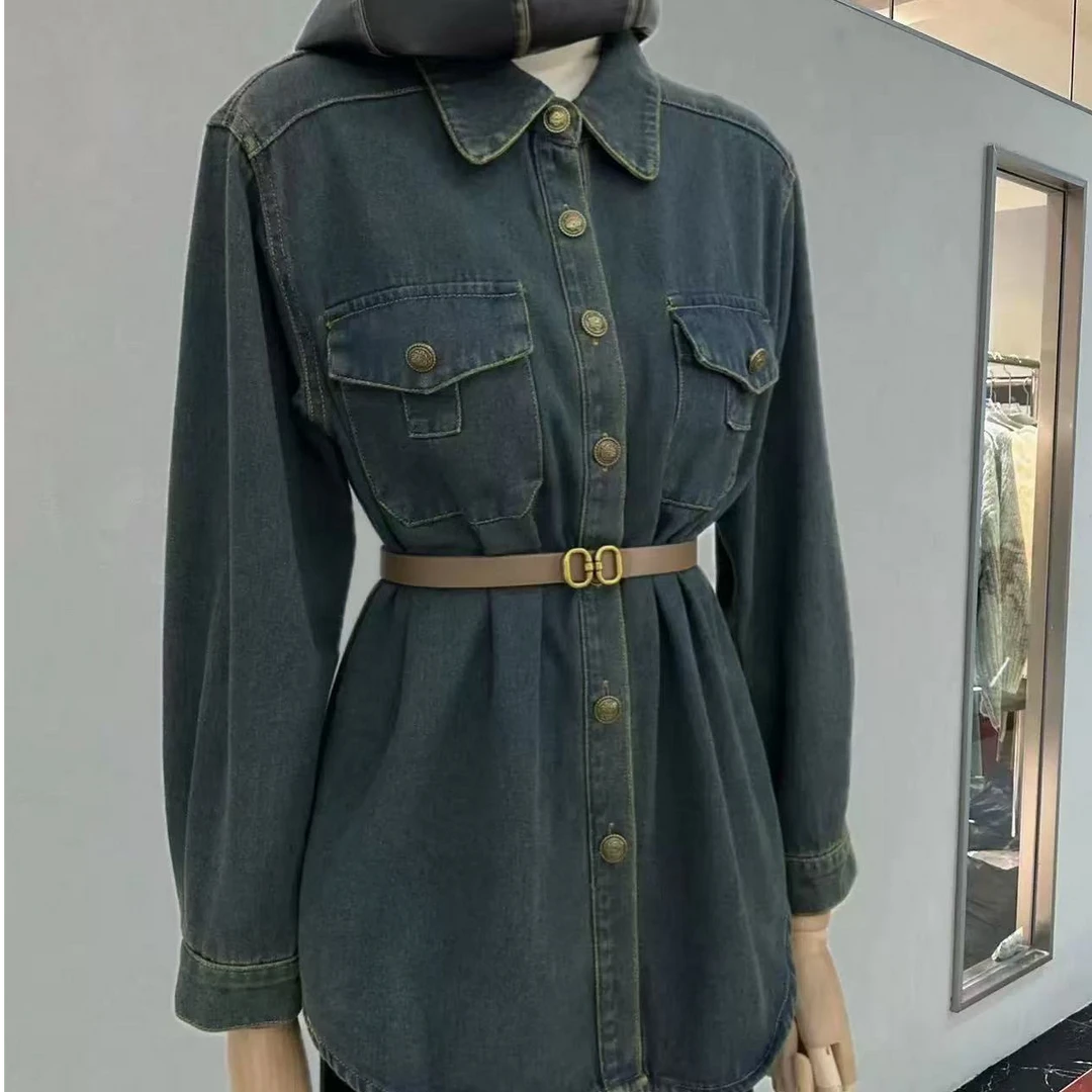 3039A春装新款复古港风气质飒爽中长款高腰牛仔长袖衬衫女