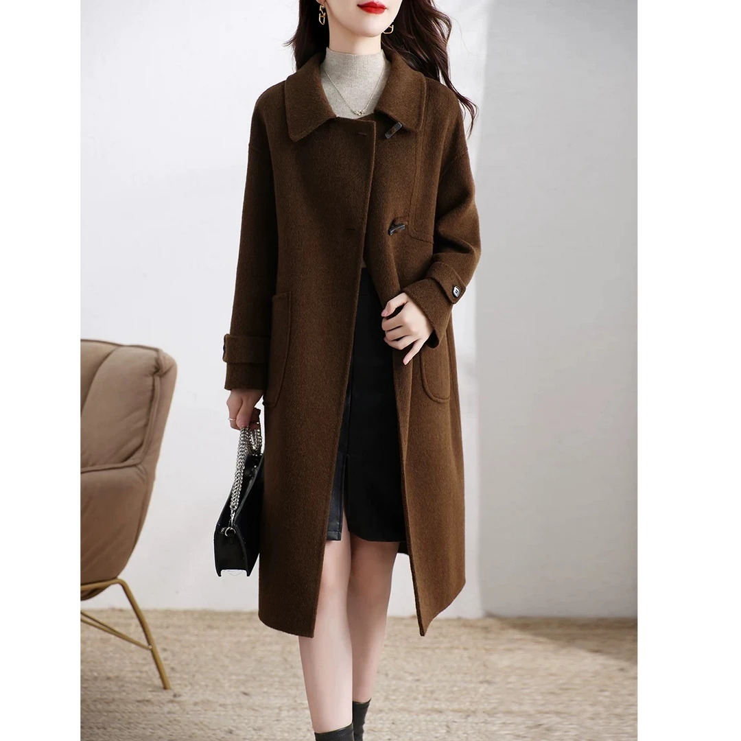宏丰2518【反季大促】气质牛角扣双面100%绵羊毛中长款大衣外套