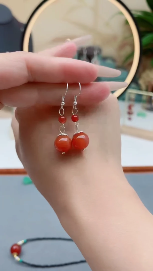 南红玛瑙银S925镶嵌耳饰631