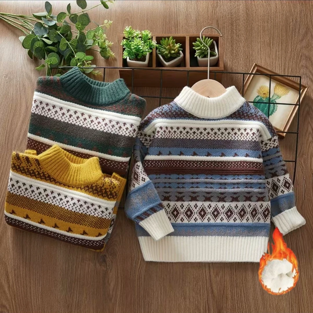 男款毛衣拼色加绒加厚款大童套头针织衫儿童圆领保暖休闲风上衣男