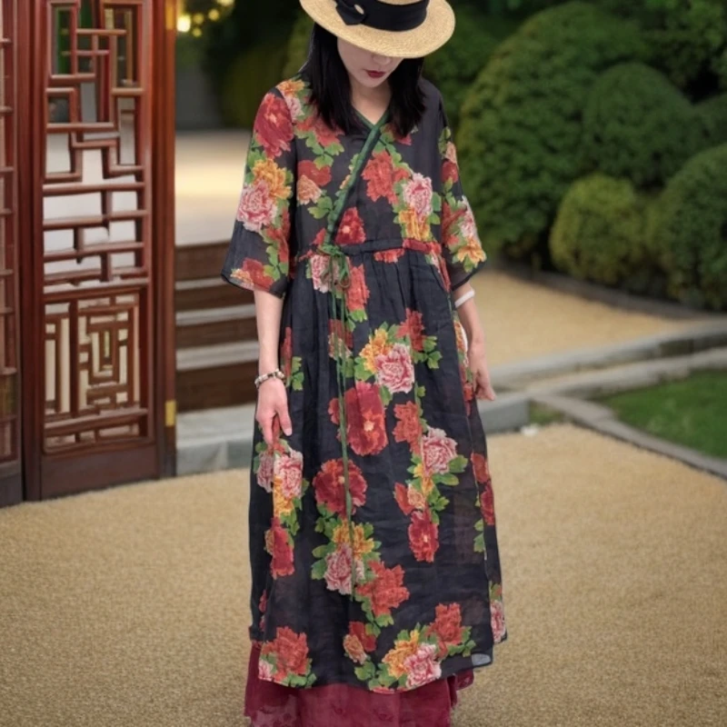 9567文艺复古碎花100%苎麻夏季新款减龄显瘦长款带半衬连衣裙