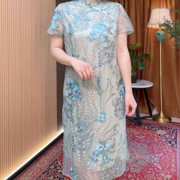 2583蓝色网纱盘扣新中式高端轻奢连衣裙女夏季新款显瘦裙子m101