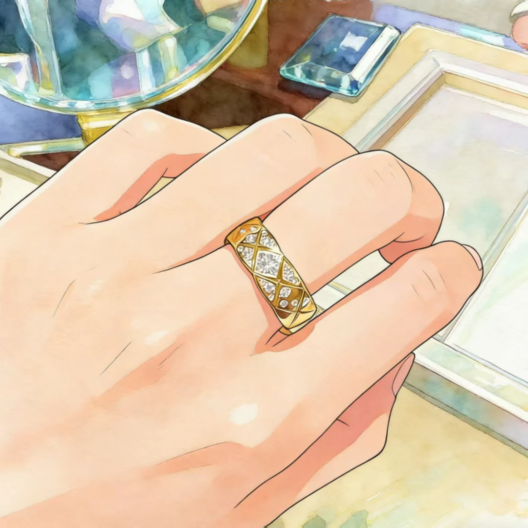 铜合金戒指 香香菱格镶嵌气质素款可调节简约戒指