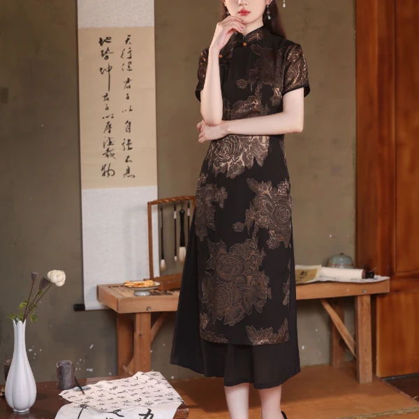 GUXI/故汐优雅春夏显瘦长款改良旗袍夏季气质复古中国风黑色