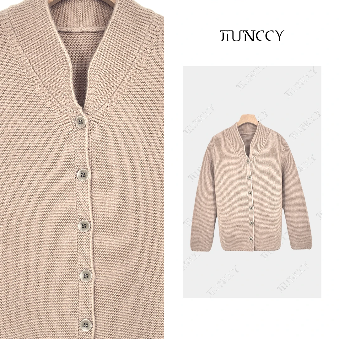 JIUNCCY【木瑾】100美丽诺绵羊毛正反针肌理中式领毛衣开衫52YZZ215