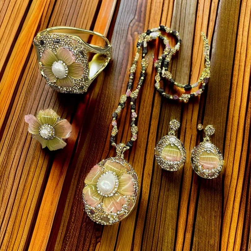 铜合金合成锆石项链 铜合金花瓣项链套装