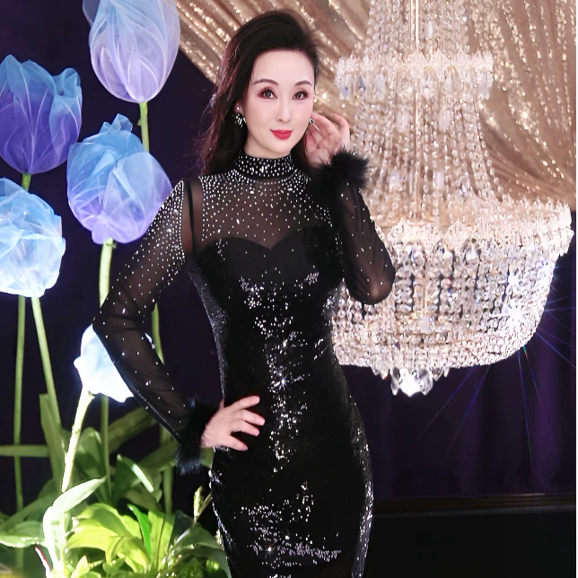 烫钻拼接亮片洋气气质时尚连衣裙时装黑色修身显瘦长袖