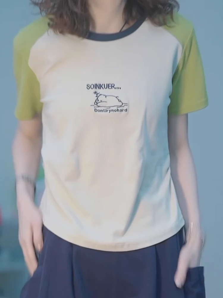 撞色插肩袖收腰短袖T恤夏季设计感韩系ins辣妹修身卡通趴趴熊上衣