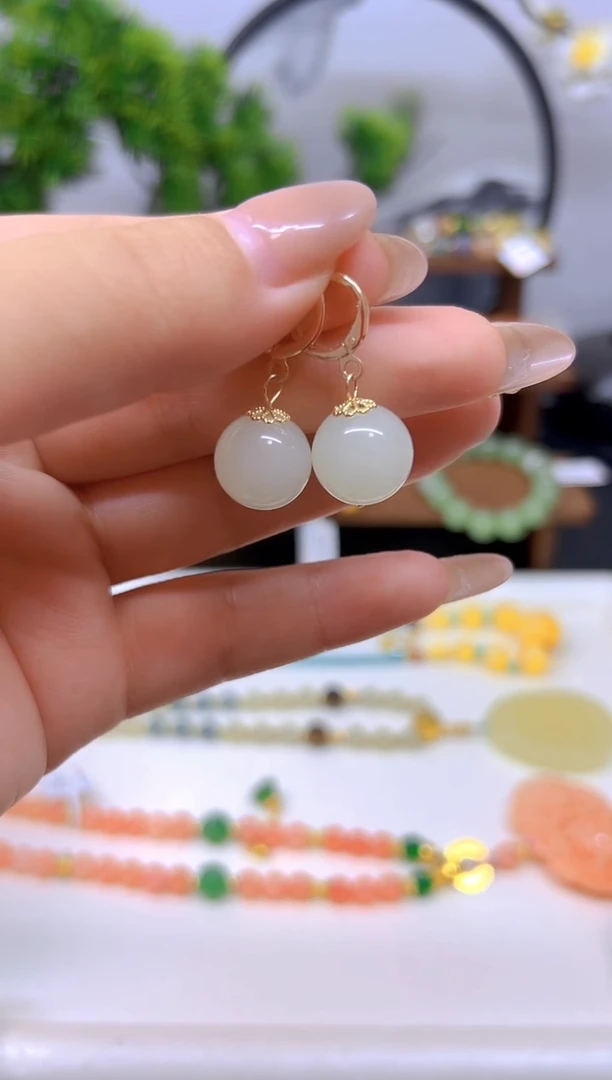 和田玉（白玉）14K金镶嵌耳饰E611