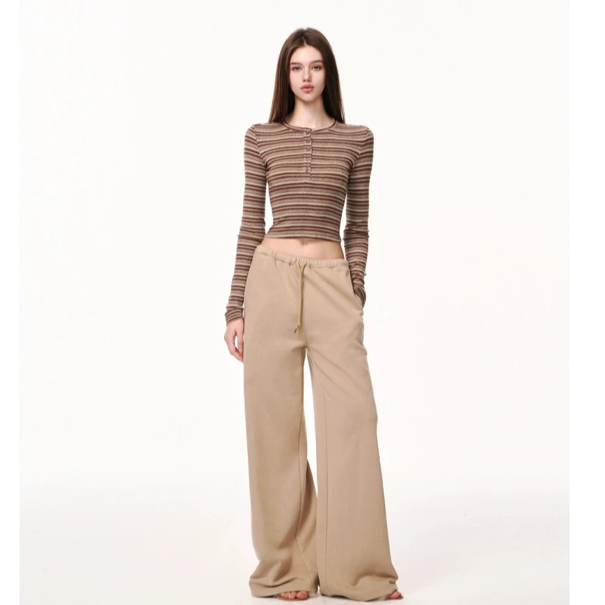 25早秋咖色条纹上衣T恤+卡其色宽松休闲卫裤套装H3042