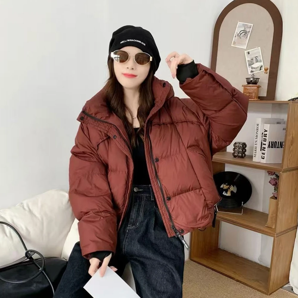 新款韩版连帽羽绒服女短款加厚宽松面包服白鸭绒冬装外套