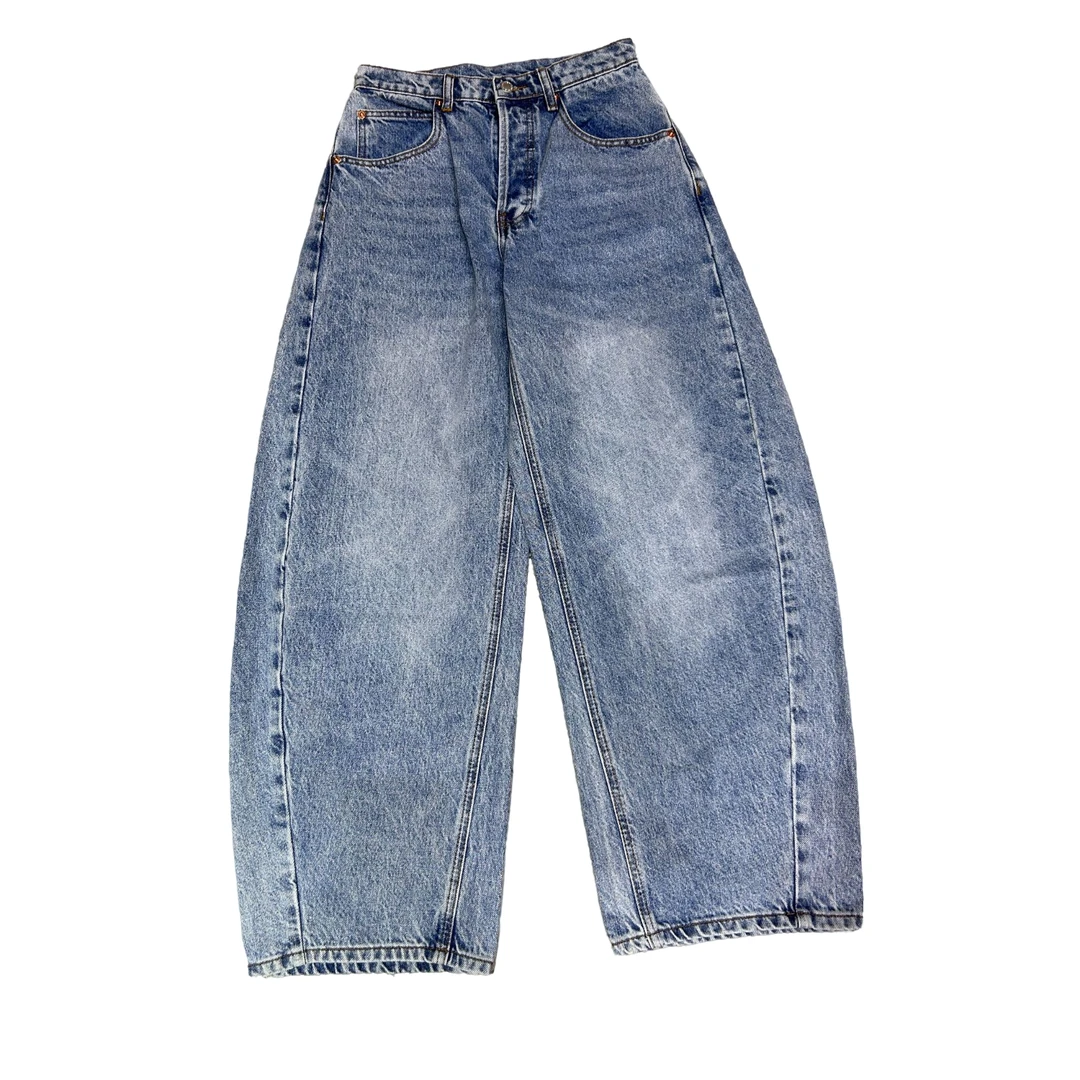 南油小众设计师新品浅蓝银扣弯刀裤