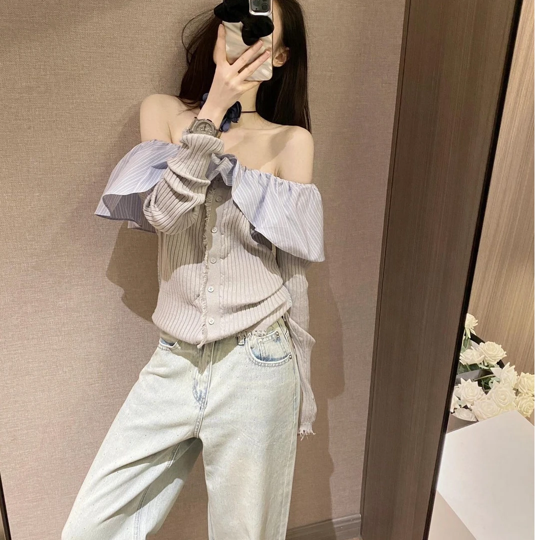 一字肩性感辣妹上衣女法式气质显瘦洋气休闲百搭设计感外穿长裤女