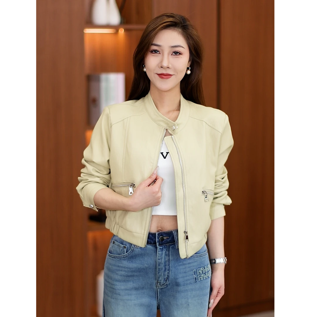 港味复古立领皮衣短外套女2025春季新款时尚百搭休闲短款上衣5668