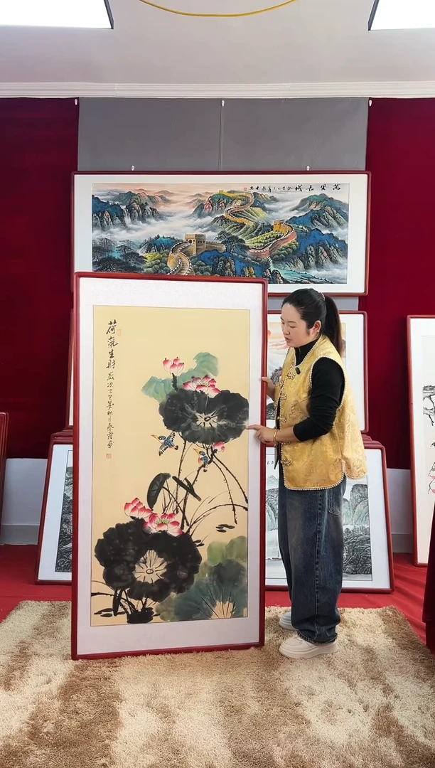 国画手绘荷花163*83尺寸