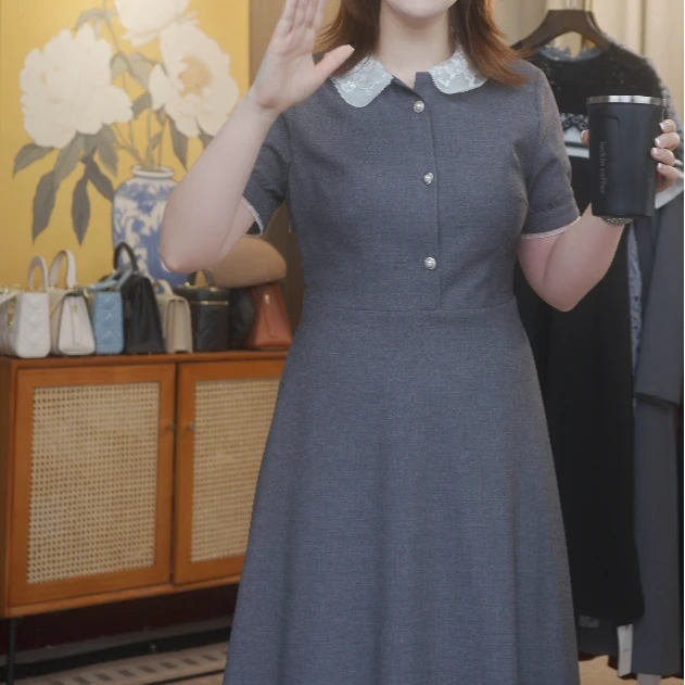 亮片蕾丝拼接灰色连衣裙2025夏季新款气质优雅收腰A字裙