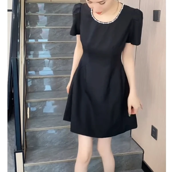 通勤短袖夏季蕾丝拼接连衣裙收腰先生黑色连衣裙ZZ70601