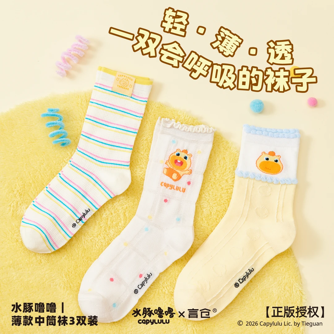 言仓水豚噜噜联名中筒袜3双装轻薄透气可爱百搭袜生日礼物送女生