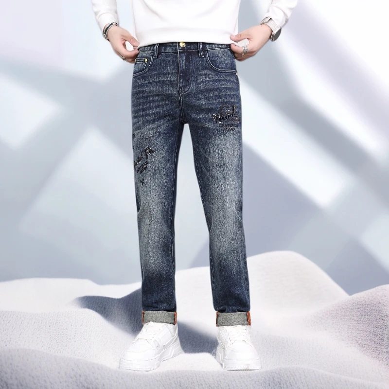 宾斯洛特时尚休闲新款秋季时尚刺绣烫钻设计牛仔裤男款修身长裤子