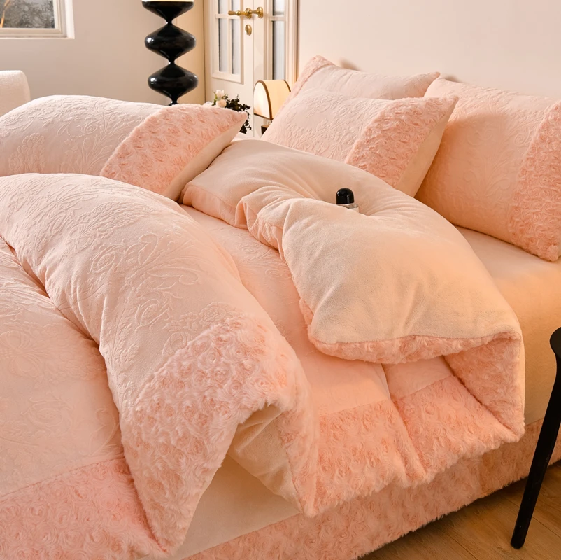 法式雕花韩版花边款加厚牛奶绒四件套床上用品被套加绒双面绒