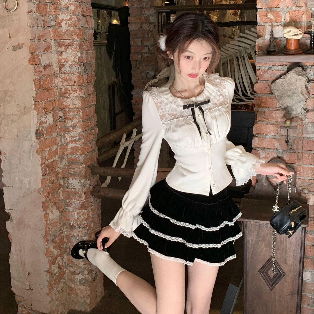 韩系千金风时尚套装女秋冬季2025新款长袖衬衣高腰显瘦半身短裙子
