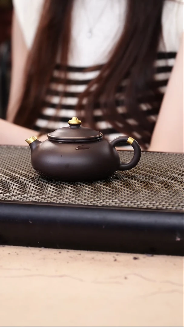 茶壶紫砂四号井茄皮紫泥描金寒江130cc