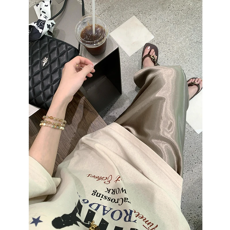 法式复古香槟色醋酸缎面半身裙女夏季松紧腰显瘦包臀a字鱼尾裙女