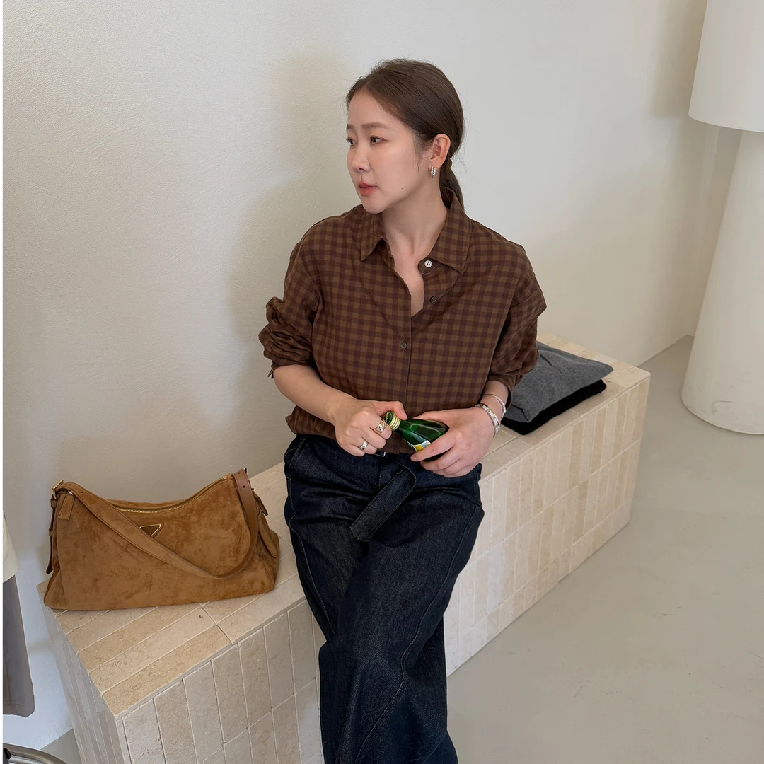 widelia陈姬儿秋季韩版复古文艺格子衬衫女休闲百搭长袖衬衣8010