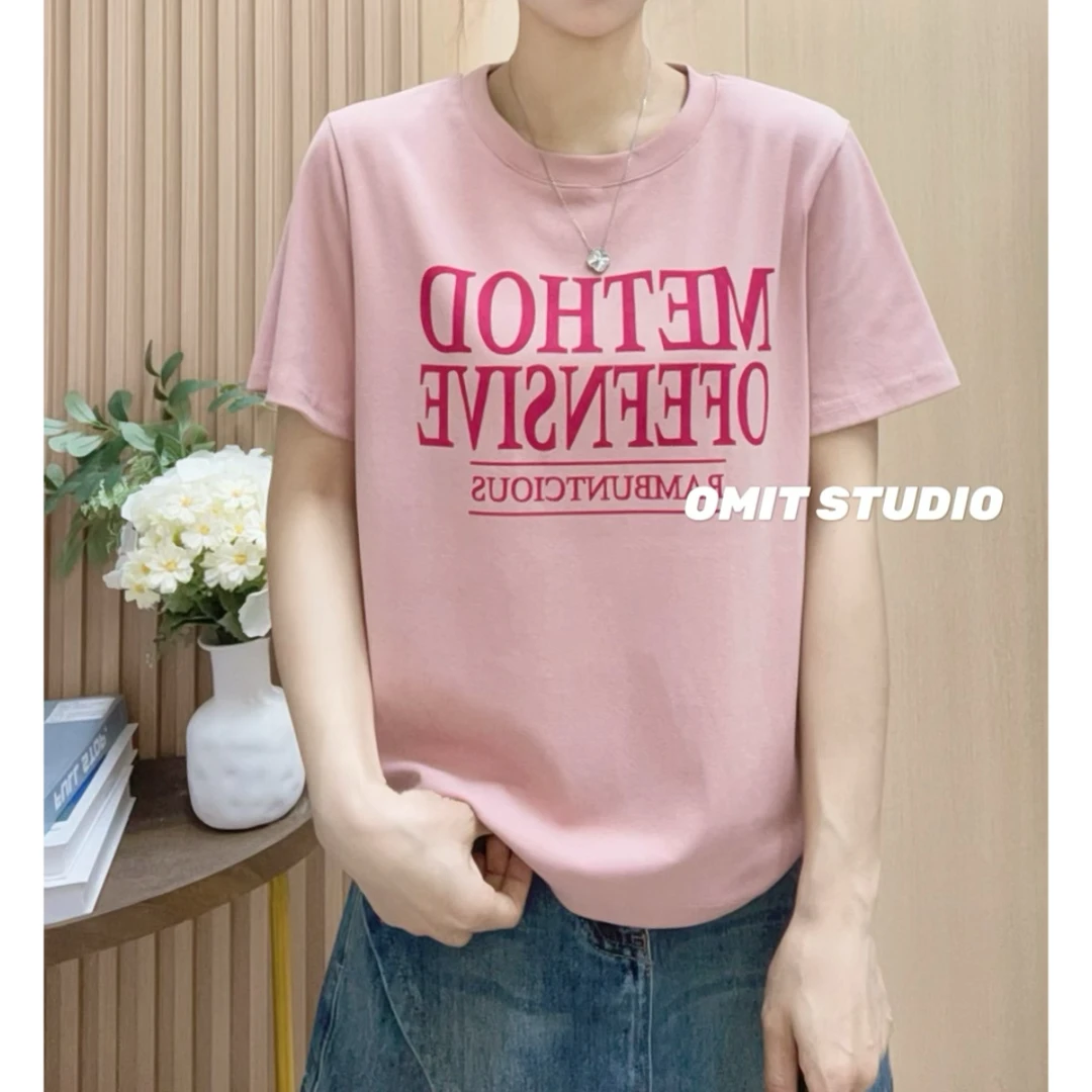 【粉英文T】新款正肩印花透气减龄韩版常规短袖