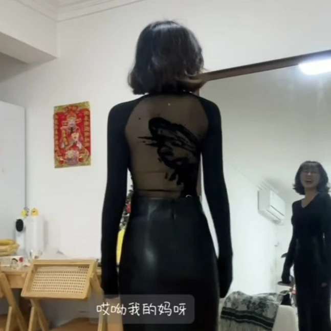 美式V领短款女T恤秋冬翅膀印花显瘦无胸垫设计感辣妹拼接纱网长袖