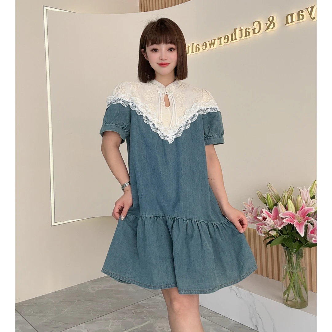 【鑫焱甄选】2025夏季新款短款新中式蕾丝拼接牛仔连衣裙洋气减龄