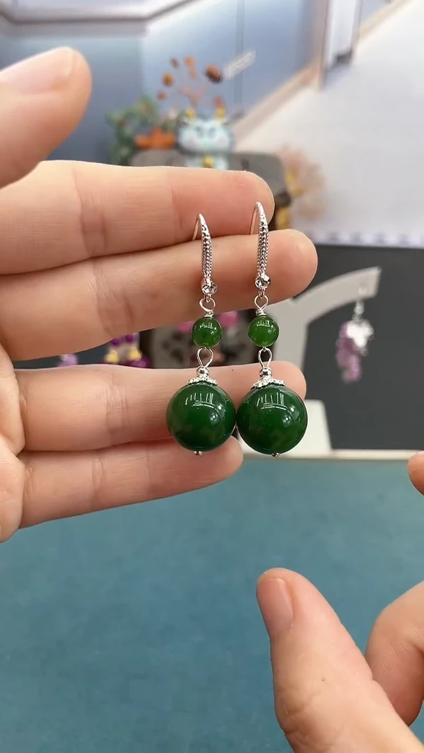 银S925镶嵌和田玉耳饰14mm碧玉双珠BY2