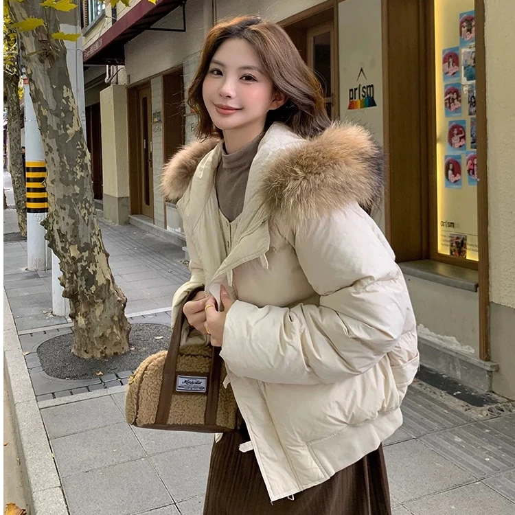 短款大毛领羽绒服女2024新款白鸭绒宽松加厚冬季外套W-20