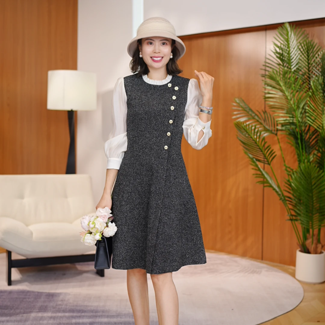 【南油虹姐】2025秋季新款长袖裙子小香风时尚高级感拼接收腰连衣裙